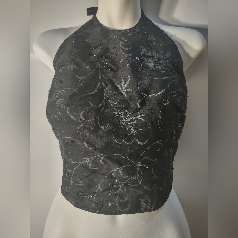 Vintage Limited tie-back beaded silk halter top